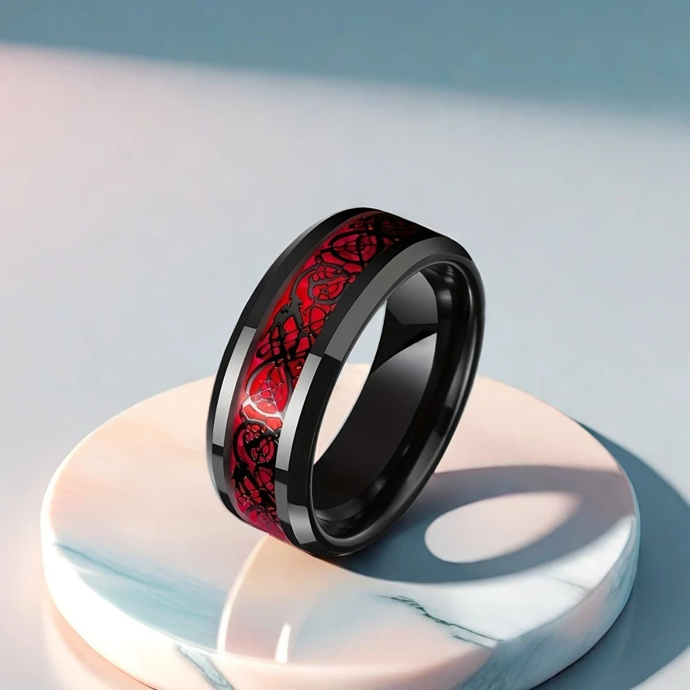 Goth Romantic Inlay Red Crystal Zircon Heart Shape Double Dragon Pattern Couple Rings for Women Men Luxury Sparkle Jewelry Gift