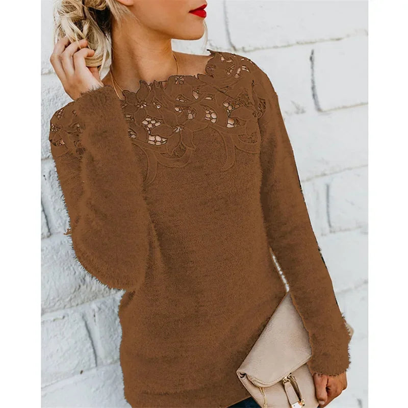 Autumn Winter Sweet Korean Fashion Casual Solid Pullover O-Neck Pullover Plush Warm Sweat Ladies Sweater Lace Women Knit Sweater