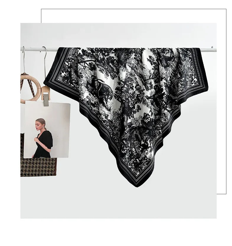 Autumn/Winter Cerulean Blue Green High-End Feel Silk Twill Scarf Women's Versatile Luxury Brand Printing Old Flower Design