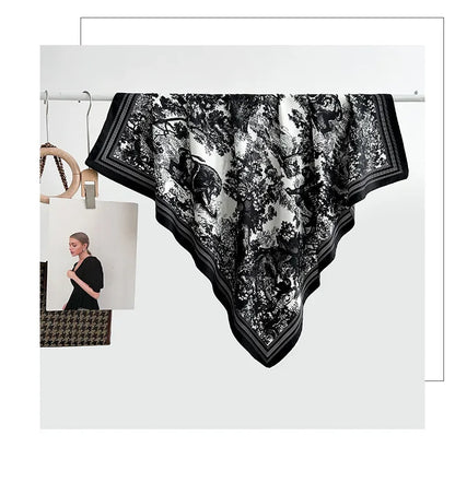 Autumn/Winter Cerulean Blue Green High-End Feel Silk Twill Scarf Women's Versatile Luxury Brand Printing Old Flower Design