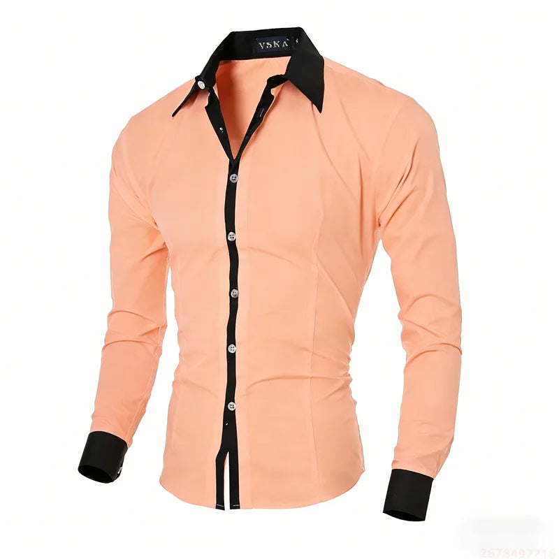New men's black and white color-blocked spliced   shirt, outdoor street style, business casual long-sleeved lapel top for men.