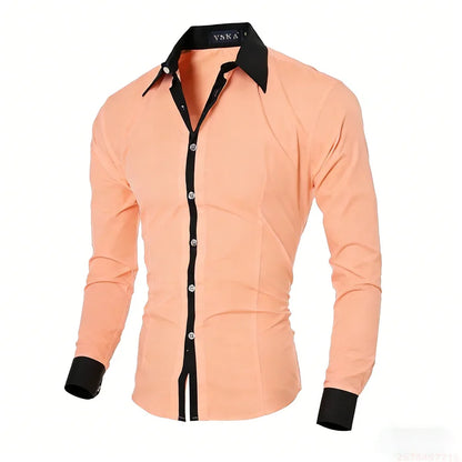 New men's black and white color-blocked spliced   shirt, outdoor street style, business casual long-sleeved lapel top for men.