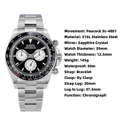 Sugess Diving Mens Watch Panda Automatic Mechanical Chronograph Peacock SL4801 Movement Wristwatch Waterproof Ceramic Bezel New