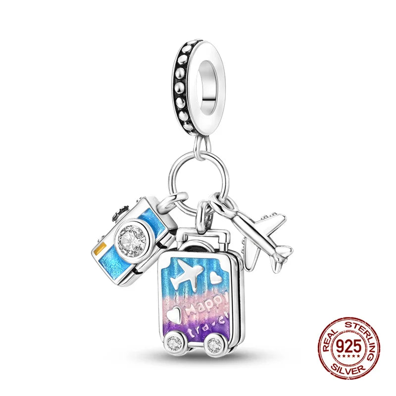 Original Charms 925 Silver Three-In-One Airplane Travel Luggage Charms Bead Fit 3mm Original Bracelet Womens DIY Jewelry Gifts