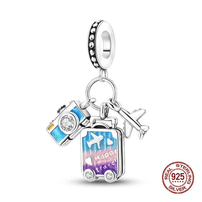 Original Charms 925 Silver Three-In-One Airplane Travel Luggage Charms Bead Fit 3mm Original Bracelet Womens DIY Jewelry Gifts