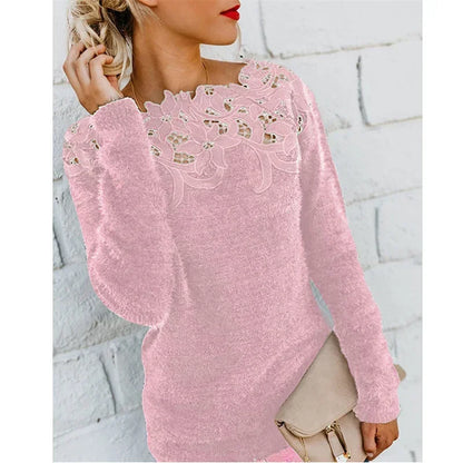 Autumn Winter Sweet Korean Fashion Casual Solid Pullover O-Neck Pullover Plush Warm Sweat Ladies Sweater Lace Women Knit Sweater