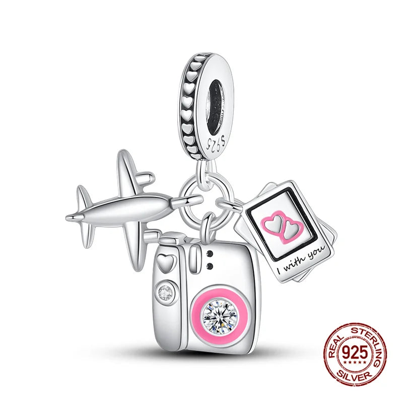 Original Charms 925 Silver Three-In-One Airplane Travel Luggage Charms Bead Fit 3mm Original Bracelet Womens DIY Jewelry Gifts