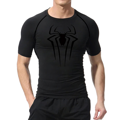 Spider Print Compression Shirts for Men Summer Short Sleeve Rash Guard Gym Workout Tshirt Athletic Quick Dry Undershirts Tops