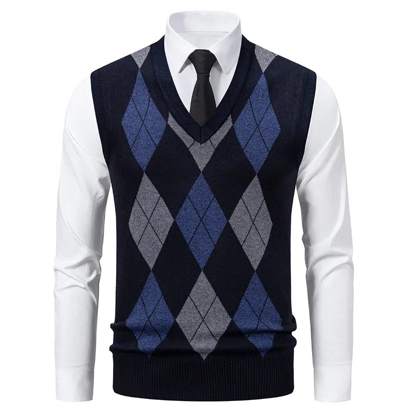 Men's Knit Vest Fashion Sweater Vest Argyle Pattern Waistcoat Fleece Lined Warm Vests