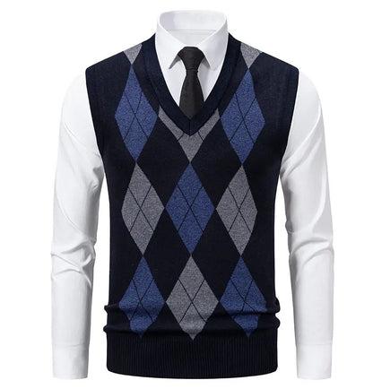 Men's Knit Vest Fashion Sweater Vest Argyle Pattern Waistcoat Fleece Lined Warm Vests