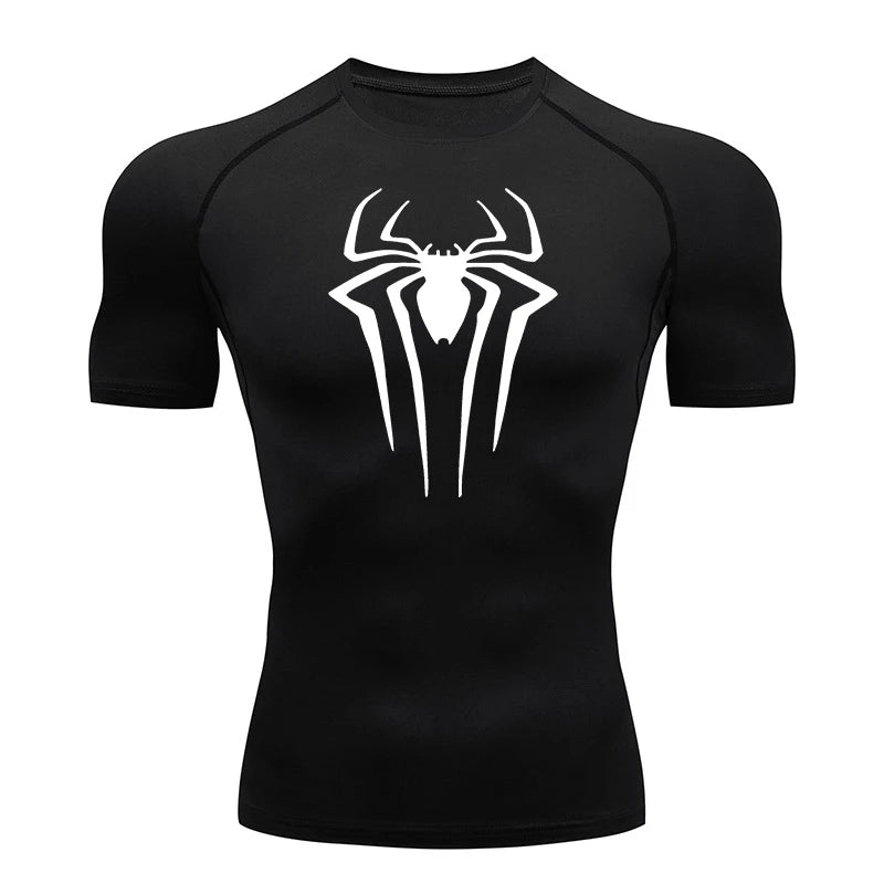 Spider Print Compression Shirts for Men Summer Short Sleeve Rash Guard Gym Workout Tshirt Athletic Quick Dry Undershirts Tops