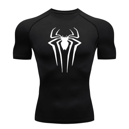 Spider Print Compression Shirts for Men Summer Short Sleeve Rash Guard Gym Workout Tshirt Athletic Quick Dry Undershirts Tops