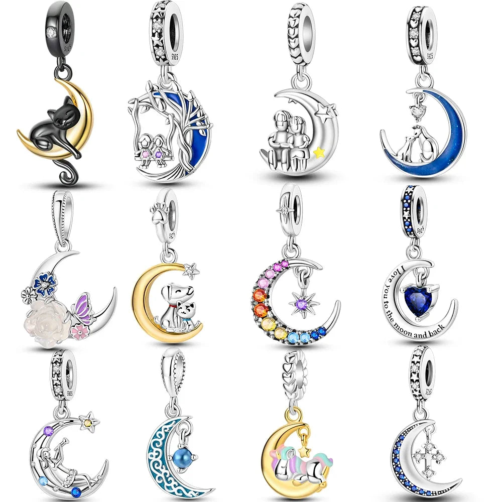 Fit Original Bracelet Silver Plated Cat Moon Shape Stars Love Charms Pendants For Women Jewelry Making Gift