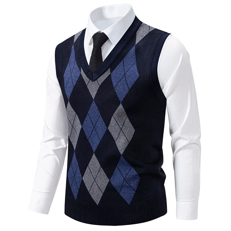 Men's Knit Vest Fashion Sweater Vest Argyle Pattern Waistcoat Fleece Lined Warm Vests