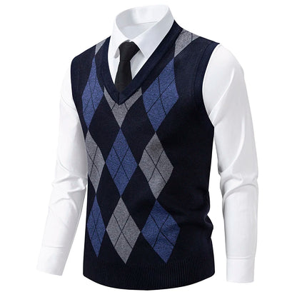 Men's Knit Vest Fashion Sweater Vest Argyle Pattern Waistcoat Fleece Lined Warm Vests