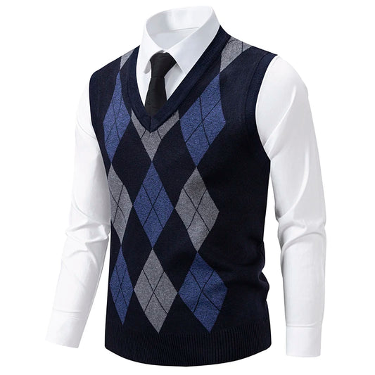 Men's Knit Vest Fashion Sweater Vest Argyle Pattern Waistcoat Fleece Lined Warm Vests