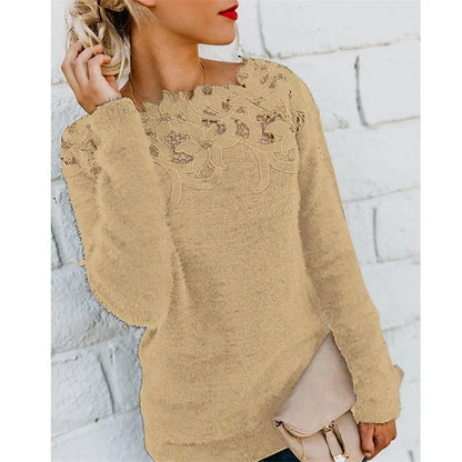 Autumn Winter Sweet Korean Fashion Casual Solid Pullover O-Neck Pullover Plush Warm Sweat Ladies Sweater Lace Women Knit Sweater