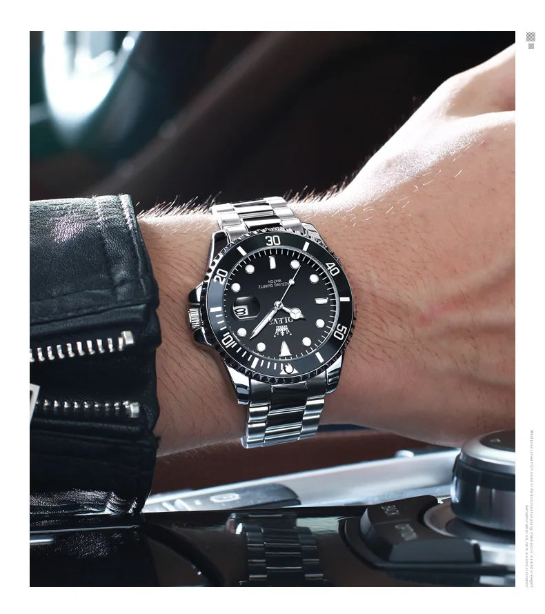 OLEVS 5885 Men's Watches Business Stainless Steel Strap Green Quartz Watch Waterproof Calendar Luminous High Quality Wristwatch