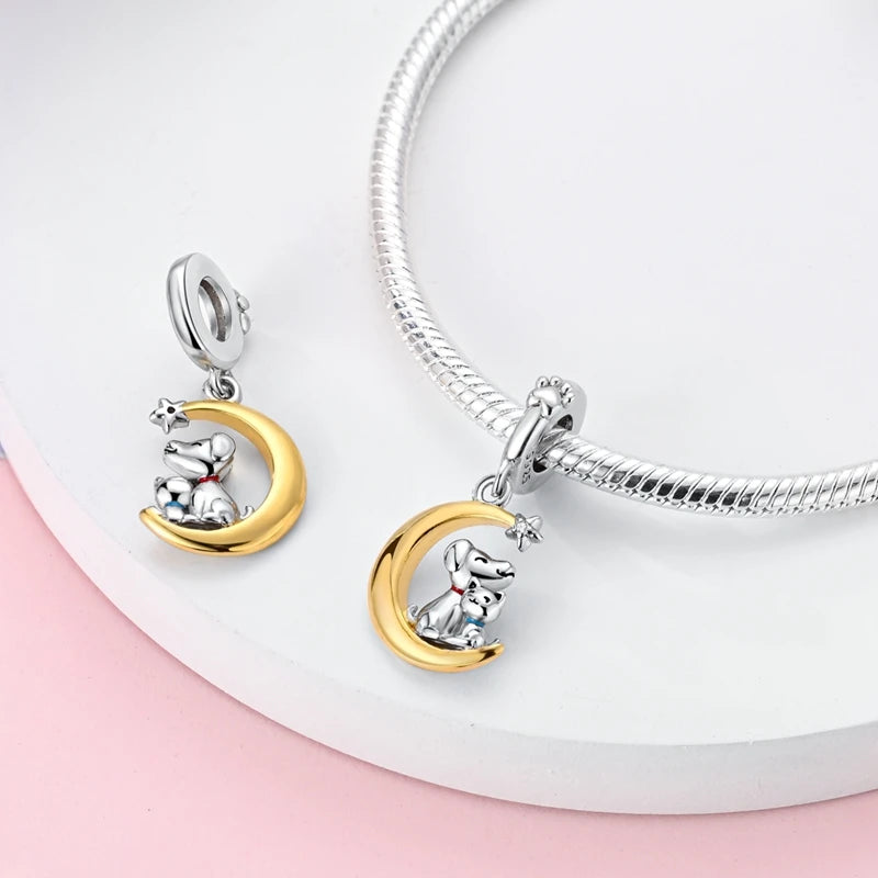 Fit Original Bracelet Silver Plated Cat Moon Shape Stars Love Charms Pendants For Women Jewelry Making Gift