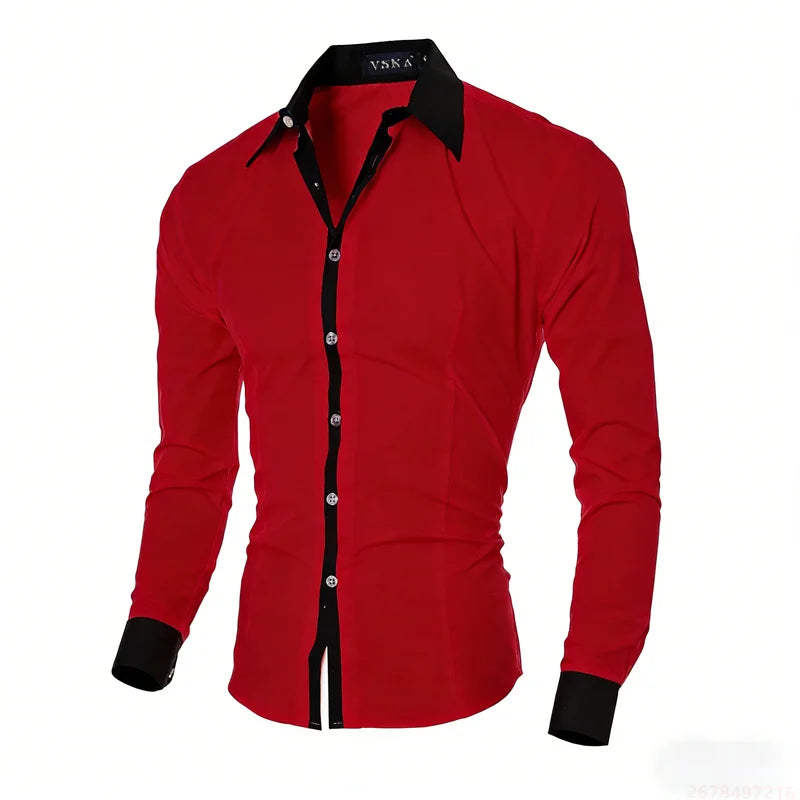 New men's black and white color-blocked spliced   shirt, outdoor street style, business casual long-sleeved lapel top for men.