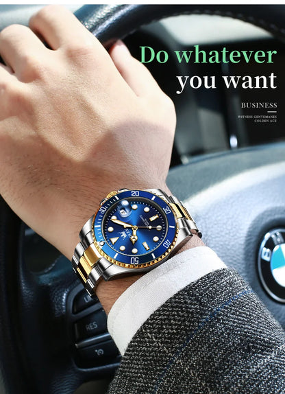 OLEVS 5885 Men's Watches Business Stainless Steel Strap Green Quartz Watch Waterproof Calendar Luminous High Quality Wristwatch