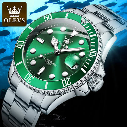 OLEVS 5885 Men's Watches Business Stainless Steel Strap Green Quartz Watch Waterproof Calendar Luminous High Quality Wristwatch