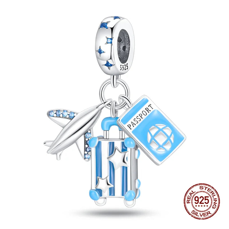 Original Charms 925 Silver Three-In-One Airplane Travel Luggage Charms Bead Fit 3mm Original Bracelet Womens DIY Jewelry Gifts