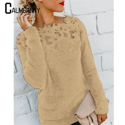Autumn Winter Sweet Korean Fashion Casual Solid Pullover O-Neck Pullover Plush Warm Sweat Ladies Sweater Lace Women Knit Sweater