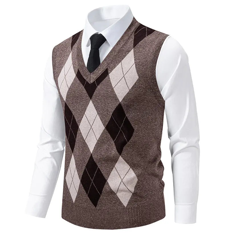 Men's Knit Vest Fashion Sweater Vest Argyle Pattern Waistcoat Fleece Lined Warm Vests