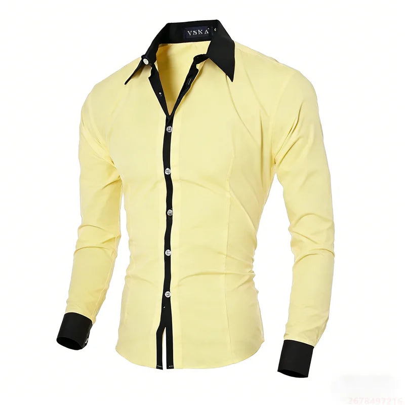 New men's black and white color-blocked spliced   shirt, outdoor street style, business casual long-sleeved lapel top for men.