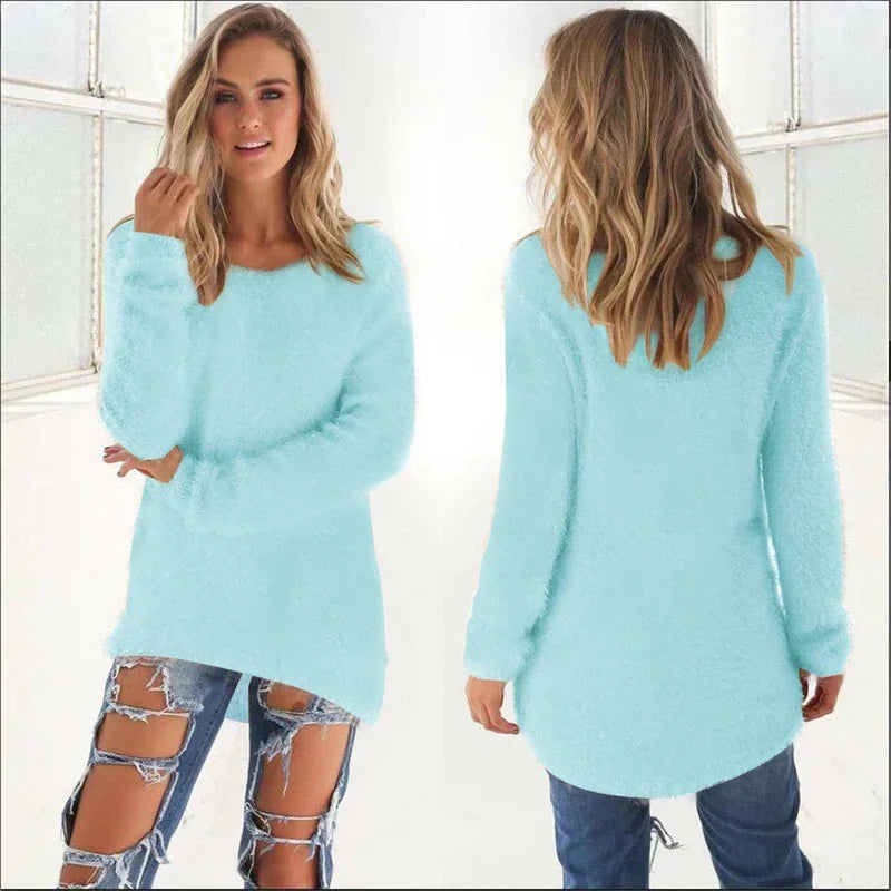 Women Warm Sweater Solid Color O Neck Loose Cotton Knitted Pullover Long Sweater Casual Oversize Blouse Ladies Hipster Clothing
