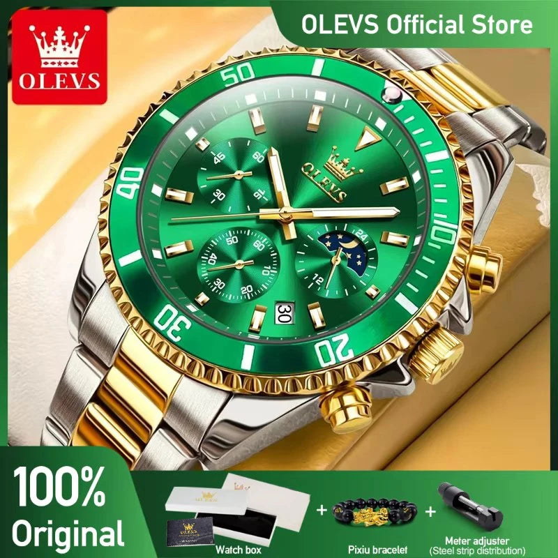 OLEVS Men's Watches Top Brand Luxury Watch for Men Original Waterproof Stainless Steel Chronograph Moon Phase Date Rota Dial
