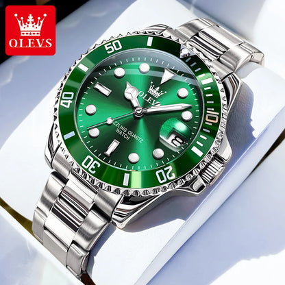 OLEVS 5885 Men's Watches Business Stainless Steel Strap Green Quartz Watch Waterproof Calendar Luminous High Quality Wristwatch