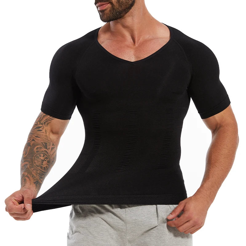 Mens Slimming Compression Shirt Body Shaper V-Neck Undershirt Shirts Workout Abs Abdomen Tummy Control Shapewear Tops