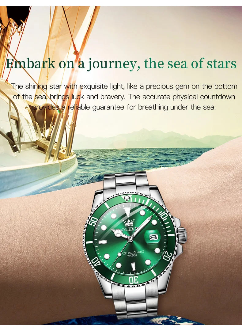 OLEVS 5885 Men's Watches Business Stainless Steel Strap Green Quartz Watch Waterproof Calendar Luminous High Quality Wristwatch