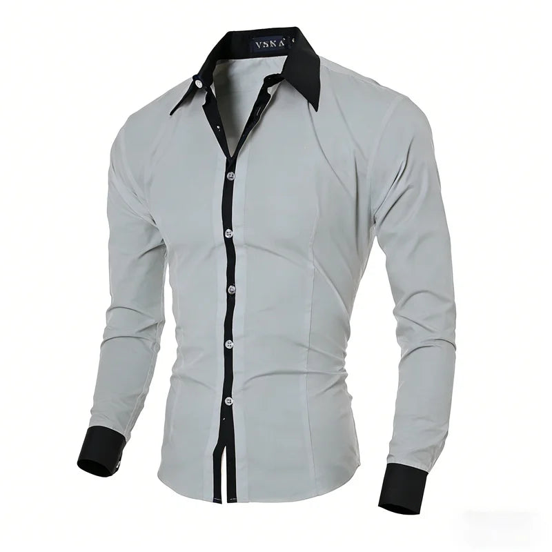 New men's black and white color-blocked spliced   shirt, outdoor street style, business casual long-sleeved lapel top for men.