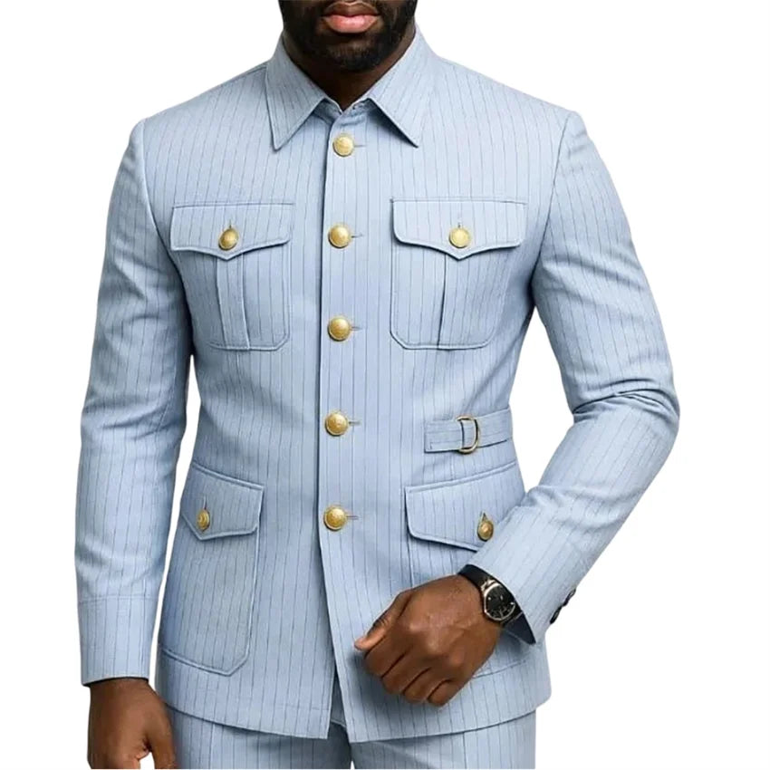 Stripe Safari Men's Suits with Stand Collar Single Breasted Slim Fit Male Fashion Daily Suit 2 Pieces Set Jacket Pants Outfits