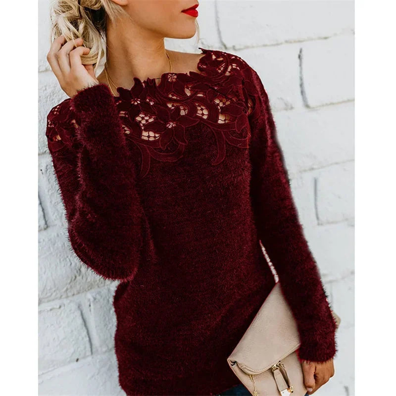 Autumn Winter Sweet Korean Fashion Casual Solid Pullover O-Neck Pullover Plush Warm Sweat Ladies Sweater Lace Women Knit Sweater