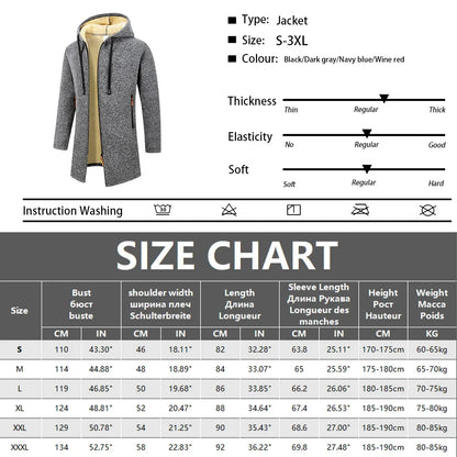 Men's Winter Warm Long Coat Zipper Jacket Zip Windbreaker Thick Fleece Windproof Overcoat Casual Contrast Color Hooded Jacket