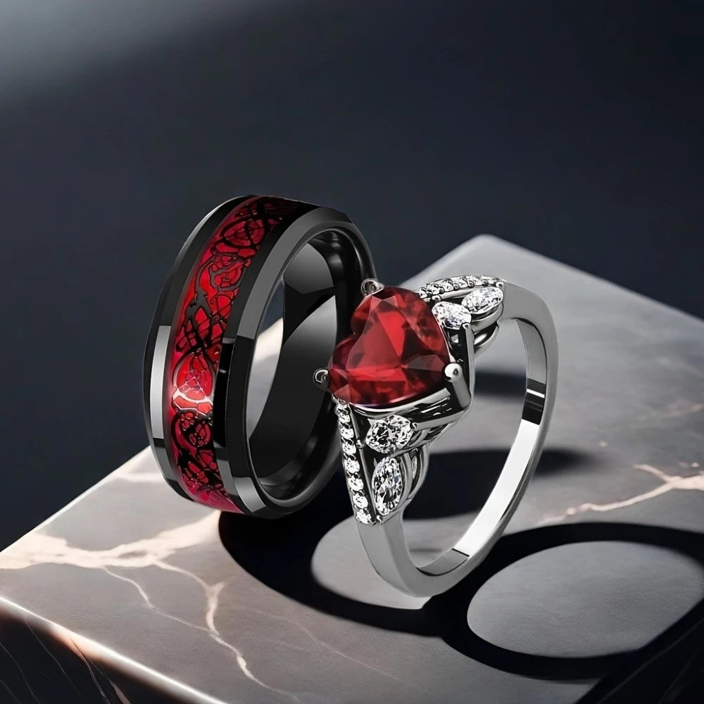 Goth Romantic Inlay Red Crystal Zircon Heart Shape Double Dragon Pattern Couple Rings for Women Men Luxury Sparkle Jewelry Gift