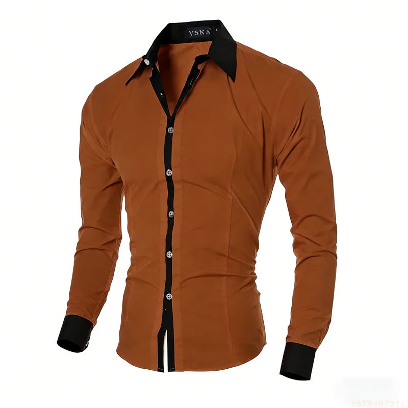 New men's black and white color-blocked spliced   shirt, outdoor street style, business casual long-sleeved lapel top for men.