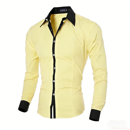 New men's black and white color-blocked spliced   shirt, outdoor street style, business casual long-sleeved lapel top for men.