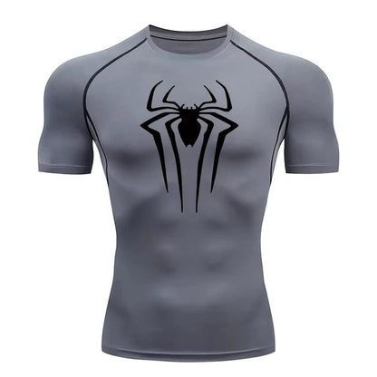Spider Print Compression Shirts for Men Summer Short Sleeve Rash Guard Gym Workout Tshirt Athletic Quick Dry Undershirts Tops