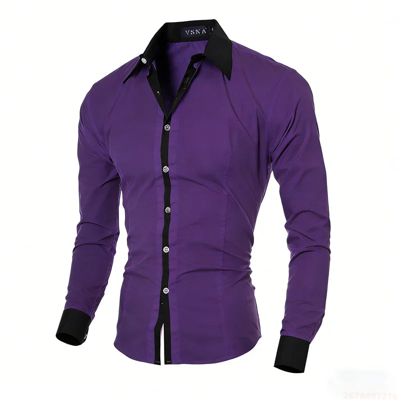 New men's black and white color-blocked spliced   shirt, outdoor street style, business casual long-sleeved lapel top for men.