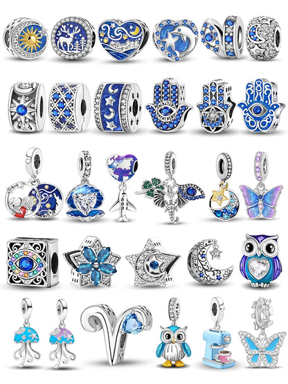 925 Sterling Silver Cute Butterfly Elephant Blue Series Charms Beads Fit Original Pan Bracelet Bangle High Quality DIY Jewelry