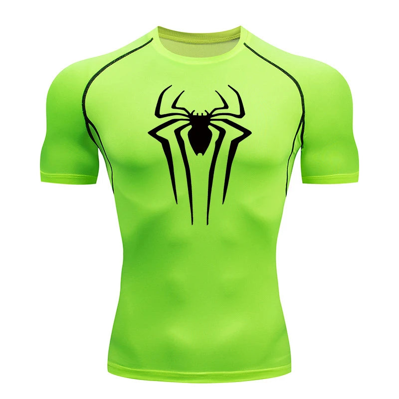Spider Print Compression Shirts for Men Summer Short Sleeve Rash Guard Gym Workout Tshirt Athletic Quick Dry Undershirts Tops