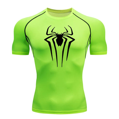 Spider Print Compression Shirts for Men Summer Short Sleeve Rash Guard Gym Workout Tshirt Athletic Quick Dry Undershirts Tops