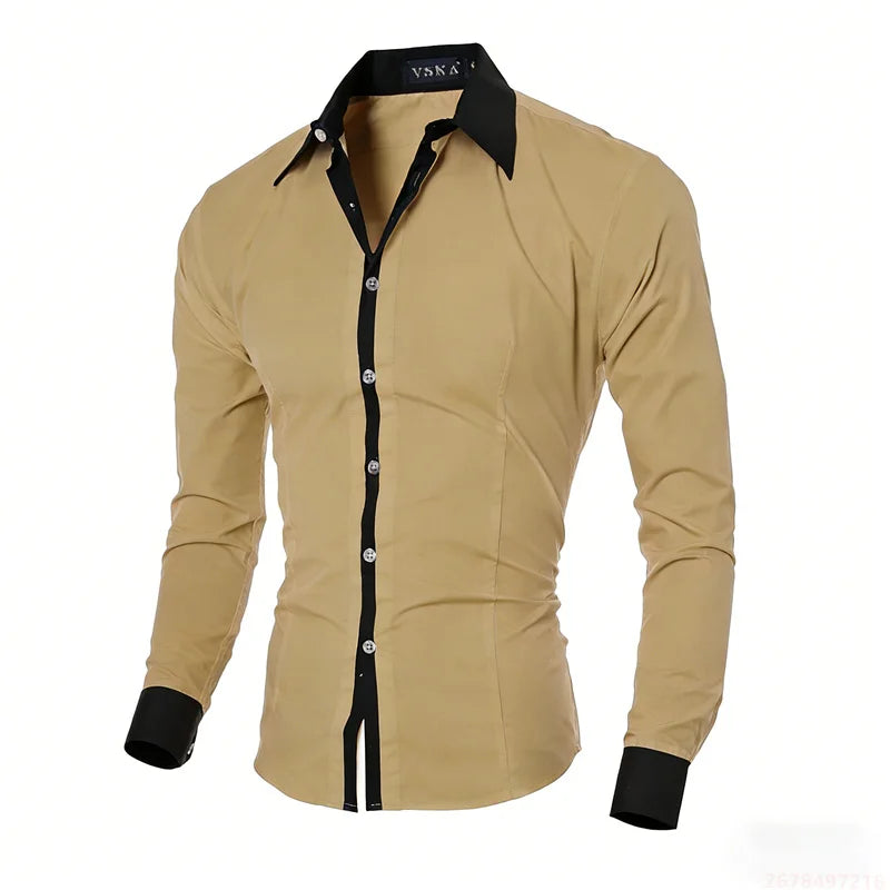 New men's black and white color-blocked spliced   shirt, outdoor street style, business casual long-sleeved lapel top for men.