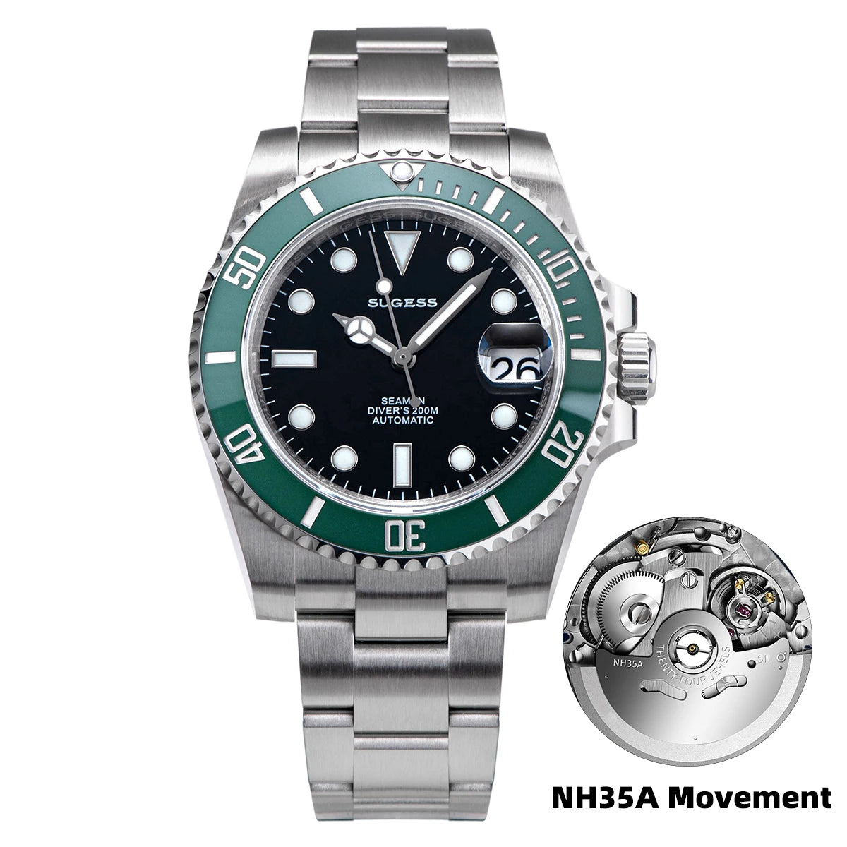 Sugess Watch of Men Diver NH35 Automatic Mechanical Wristwatch Date Sapphire Crystal Luminous Ceramic Bezel Waterproof 200M 2022