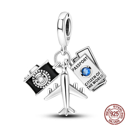 Original Charms 925 Silver Three-In-One Airplane Travel Luggage Charms Bead Fit 3mm Original Bracelet Womens DIY Jewelry Gifts